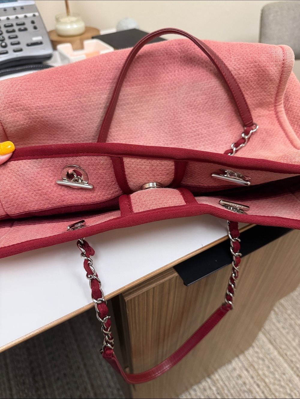 CHANEL Pink Canvas Tote with Burgundy Trim and Chain Handles - Picture 7 of 15